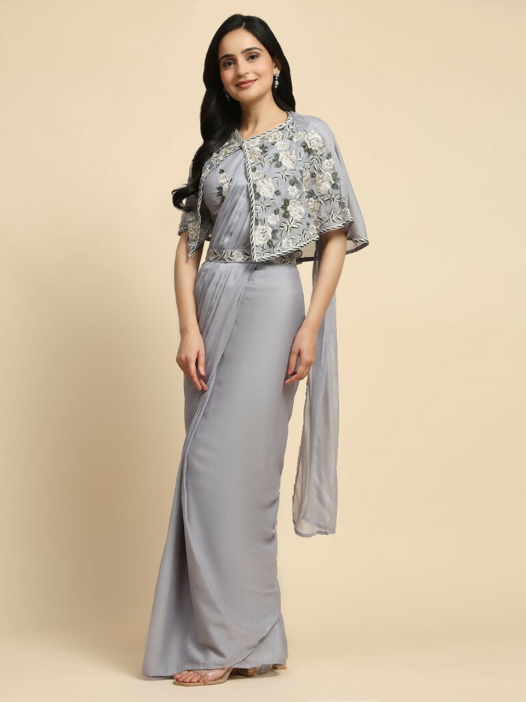 Grey Chiffon Solid Ready to wear Saree with stitched Blouse - Aayan | Grocsy
