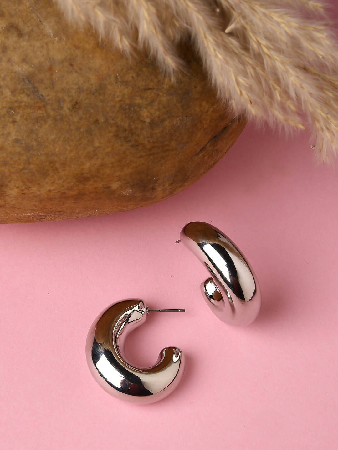 NVR Women Silver-Plated Circular-Shaped Half Hoop Earrings | Grocsy