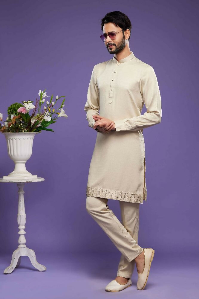 Raivat Ethnic Art Banarasi Silk Thread Work Kurta Pajama In Beige Colour | Grocsy