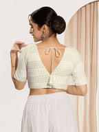 Joban Fashion Off White Crochet Padded Blouse With V Neck Elbow Sleeves | Grocsy
