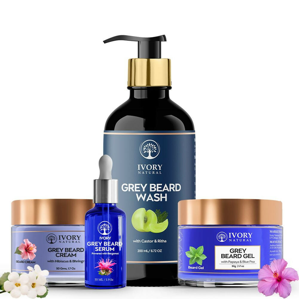 Ivory Natural Grey Beard Combo (Serum, Cream, Wash & Gel) Restore Your Silver Beard To Natural Color | Grocsy