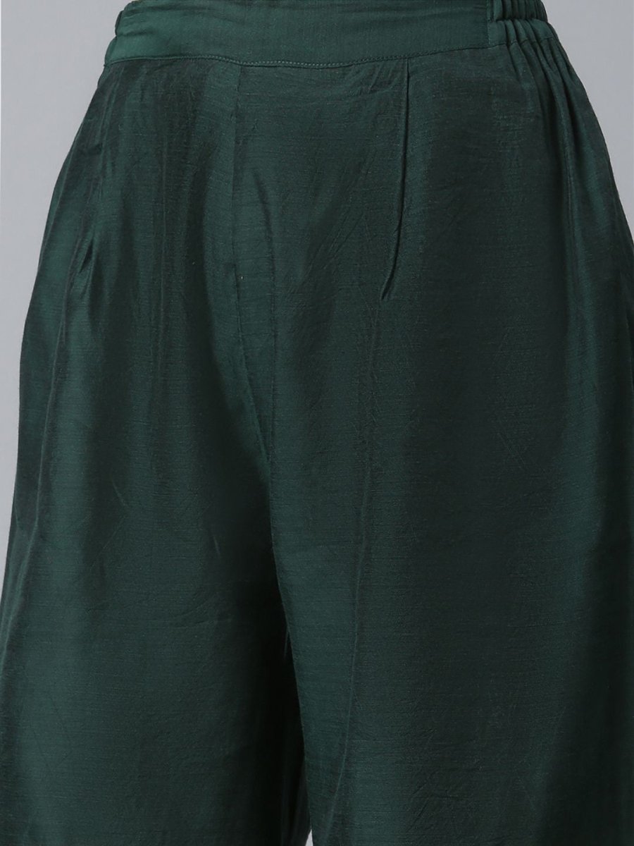 Ahalyaa Dark Green Chanderi Solid Kurta With Palazzo And Dupatta Set | Grocsy