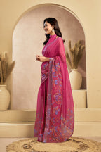 Vastranavya Pink Digital Printed Linen Ready To Wear Designer Saree with Unstitched Blouse | Grocsy
