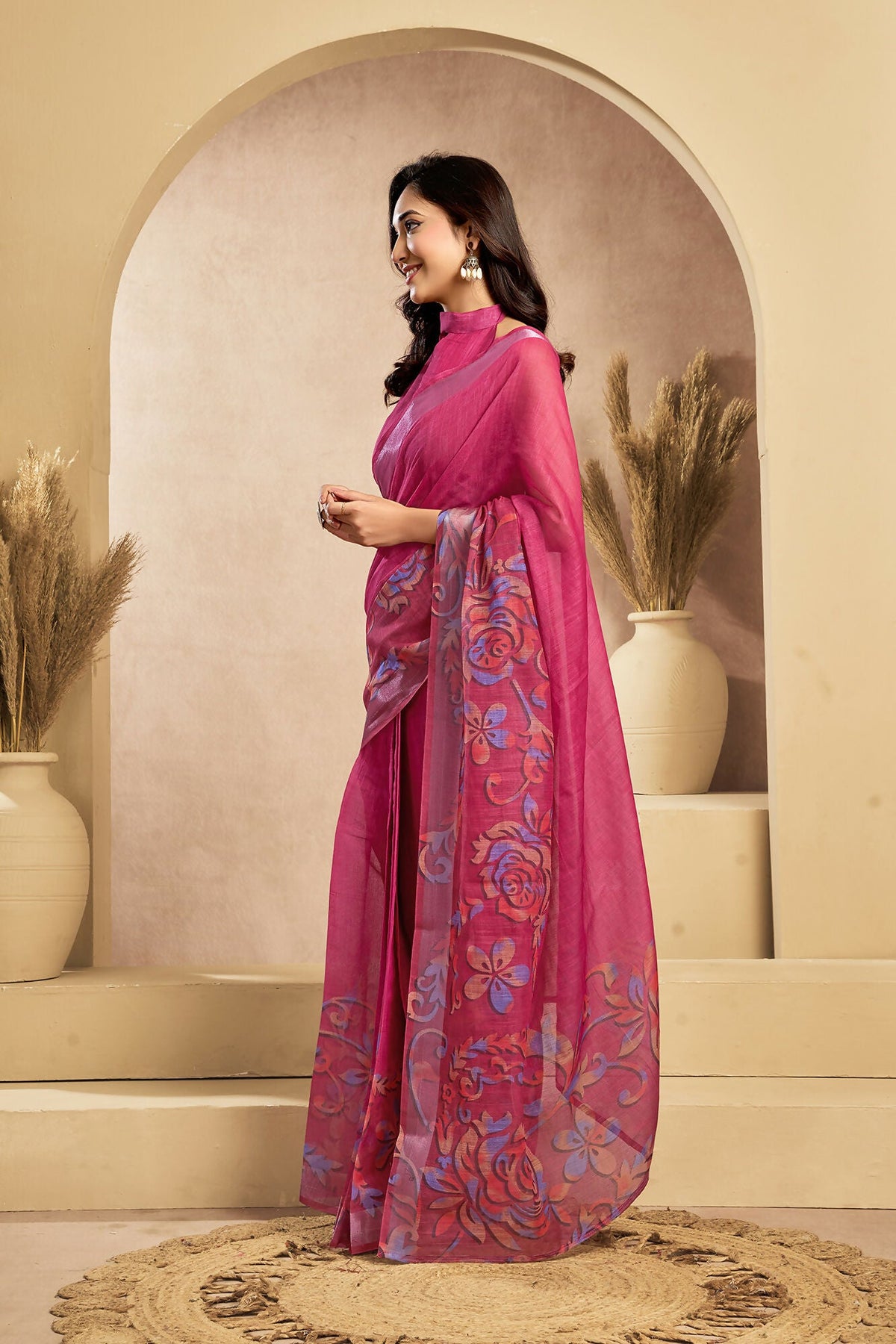 Vastranavya Pink Digital Printed Linen Ready To Wear Designer Saree with Unstitched Blouse | Grocsy