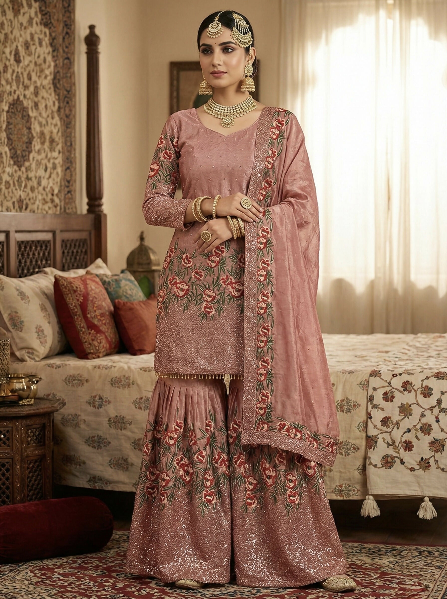 Teeya Creation Peach Fendy Silk Heavy Embroidery Work Party Wear Sharara Suit | Grocsy
