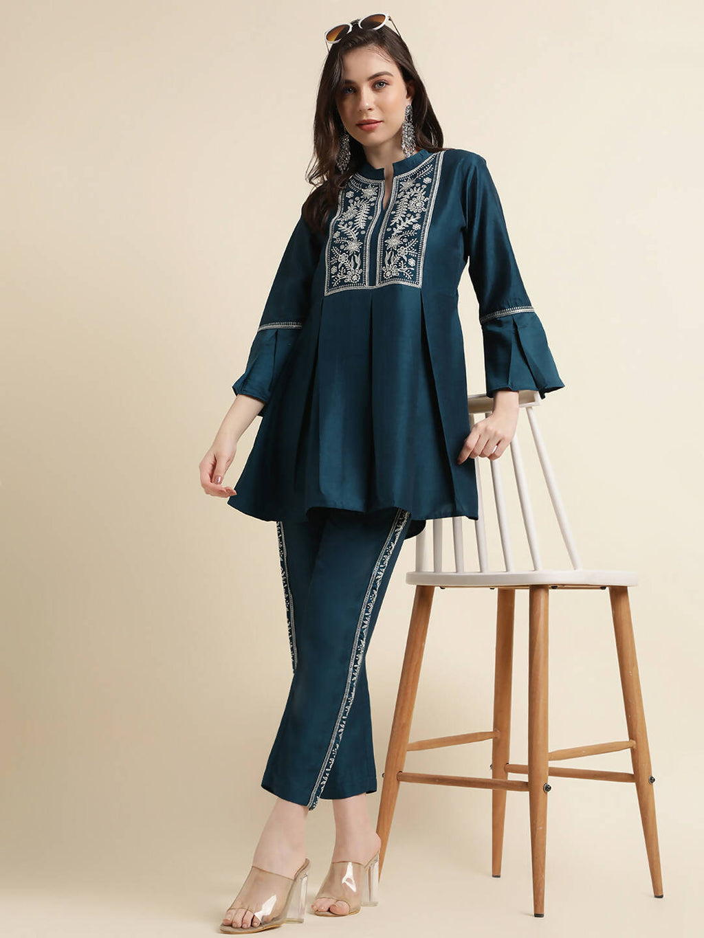 Teal Chinon Floral Embroidered Top with Bottom - Maanushi | Grocsy