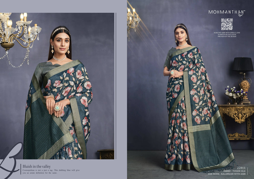 Teal Tusser Silk Floral Printed With Sequence Embroidered Saree With Unstitched Blouse - Mohmanthan Aahana | Grocsy