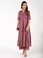 Aniyah Rayon Block Print Flared Anarkali Kurta Dusty Pink (AN-157K) | Grocsy
