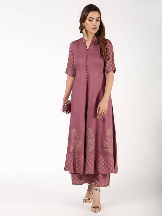 Aniyah Rayon Block Print Flared Anarkali Kurta Dusty Pink (AN-157K) | Grocsy
