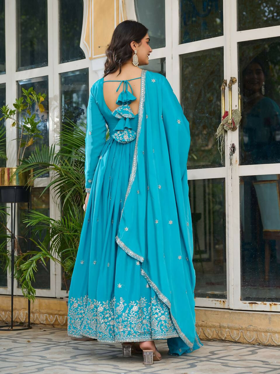 The52 Women's Beautiful American Silk Fabric Embroidery Work Flared Anarkali Pant and Dupatta Set | Grocsy