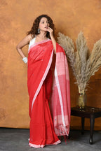 Very Much Indian Pure Cotton Handloom Saree with Buttis & Sleek Border - Red | Grocsy