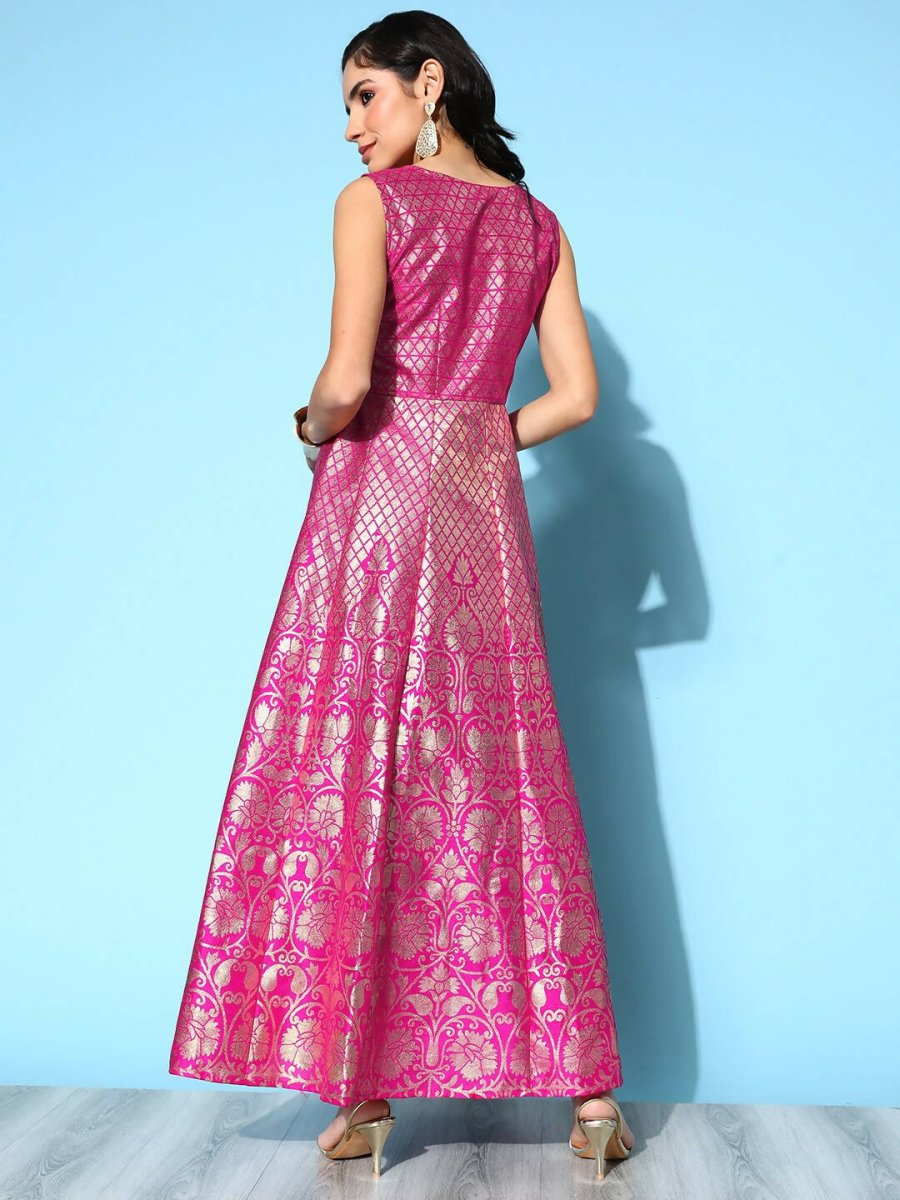 Ahalyaa Women Pink Poly Silk Gold Printed Dress | Grocsy