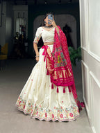 Vastranavya Traditional Special Khadi Cotton Sequins And Thread Embroidery Work Lehenga with Unstitched Blouse - White | Grocsy