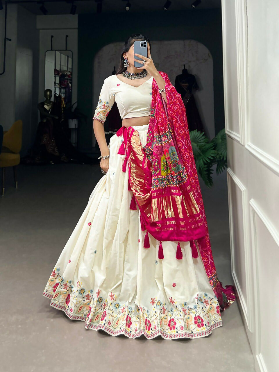 Vastranavya Traditional Special Khadi Cotton Sequins And Thread Embroidery Work Lehenga with Unstitched Blouse - White | Grocsy