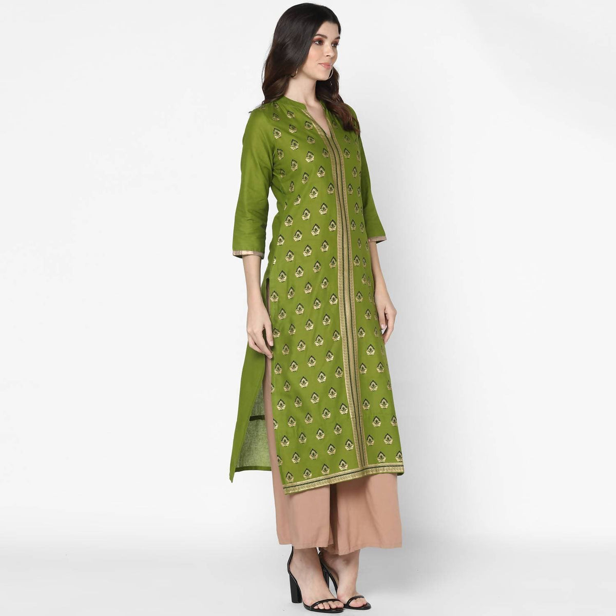 Cheera Hand Block Print Olive Green & Skin Color Straight Kurta With Palazzo (MAAI-070K) | Grocsy
