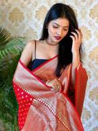 DEIANA'S Beautiful Designer Golden zari Soft Lichi Silk Saree - Red | Grocsy