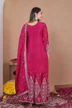 Teeya Creation New Womens Trendy Rani Pink Silk Blend Embroidered Sharara Suit Set With Dupatta | Grocsy