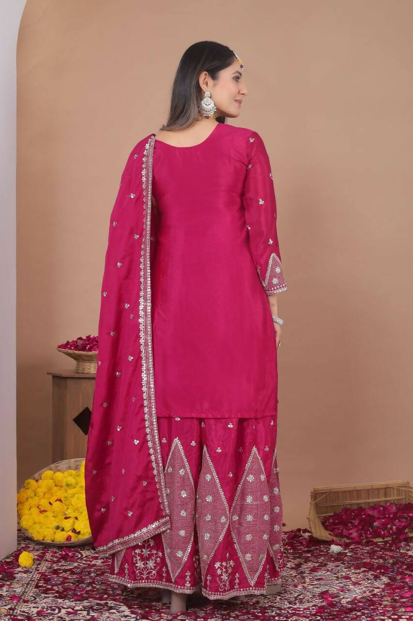 Teeya Creation New Womens Trendy Rani Pink Silk Blend Embroidered Sharara Suit Set With Dupatta | Grocsy
