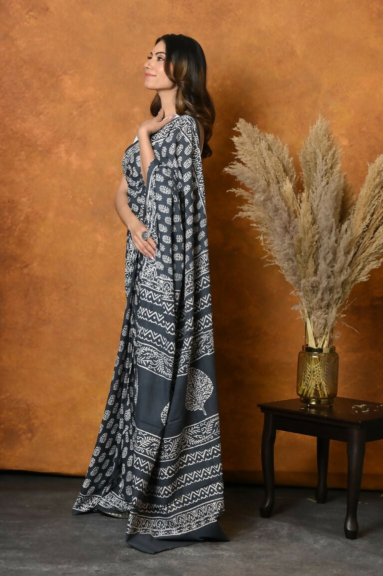 Very Much Indian Handblock Printed Cotton Saree With Natural Dyes - Black White | Grocsy