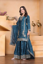 Teeya Creation Teal Color Chinon Silk Wedding Wear Trending Palazzo Set | Grocsy
