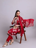 Joban Fashion Mahroon Cotton Floral Printed & Embroidery Work Kurta With Trousers & Dupatta Set | Grocsy