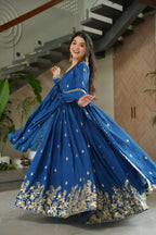 Teeya Creation Blue Color Chinon Silk Party Wear Long Gown | Grocsy