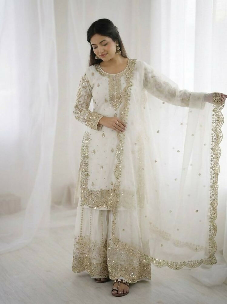 Teeya Creation White Color Fendy Silk Embroidery Work Wedding Wear Salwar Suit | Grocsy