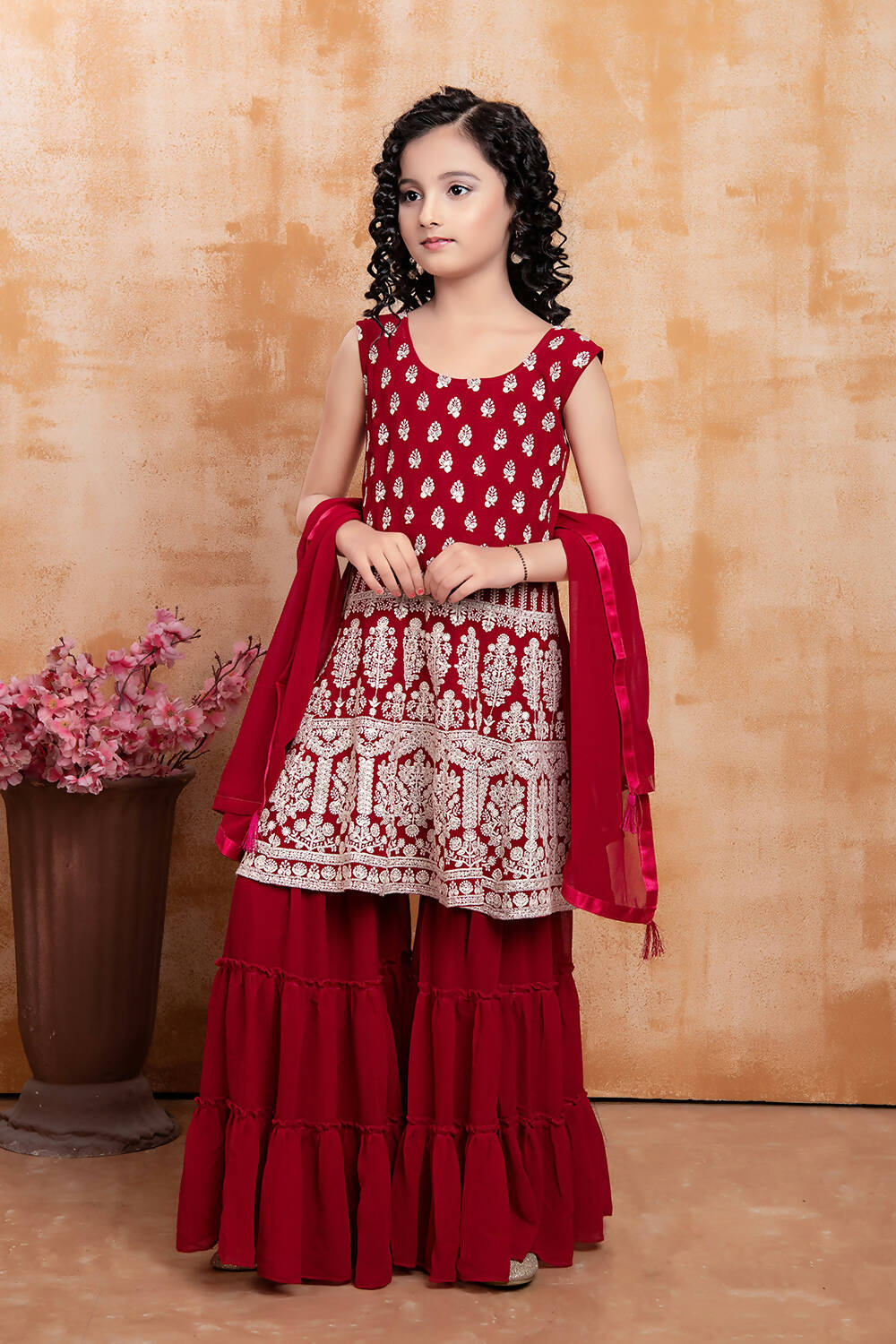 Kids Wedding Designer Maroon Faux Georgette Fabric Sharara Suit - Aaradhna | Grocsy