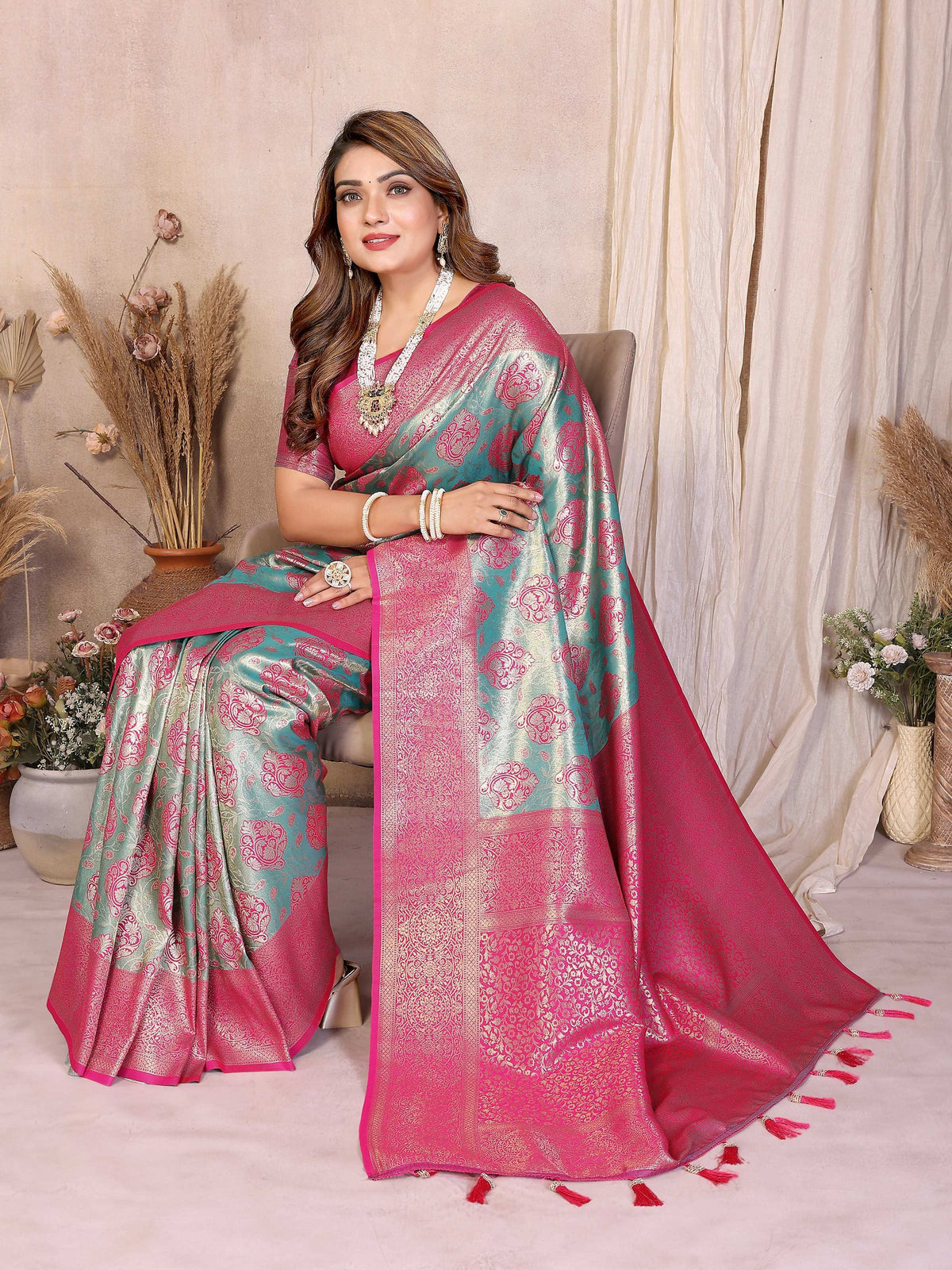 Aastha Fashion Aqua Banarasi Tissue Silk Weaving Saree | Grocsy