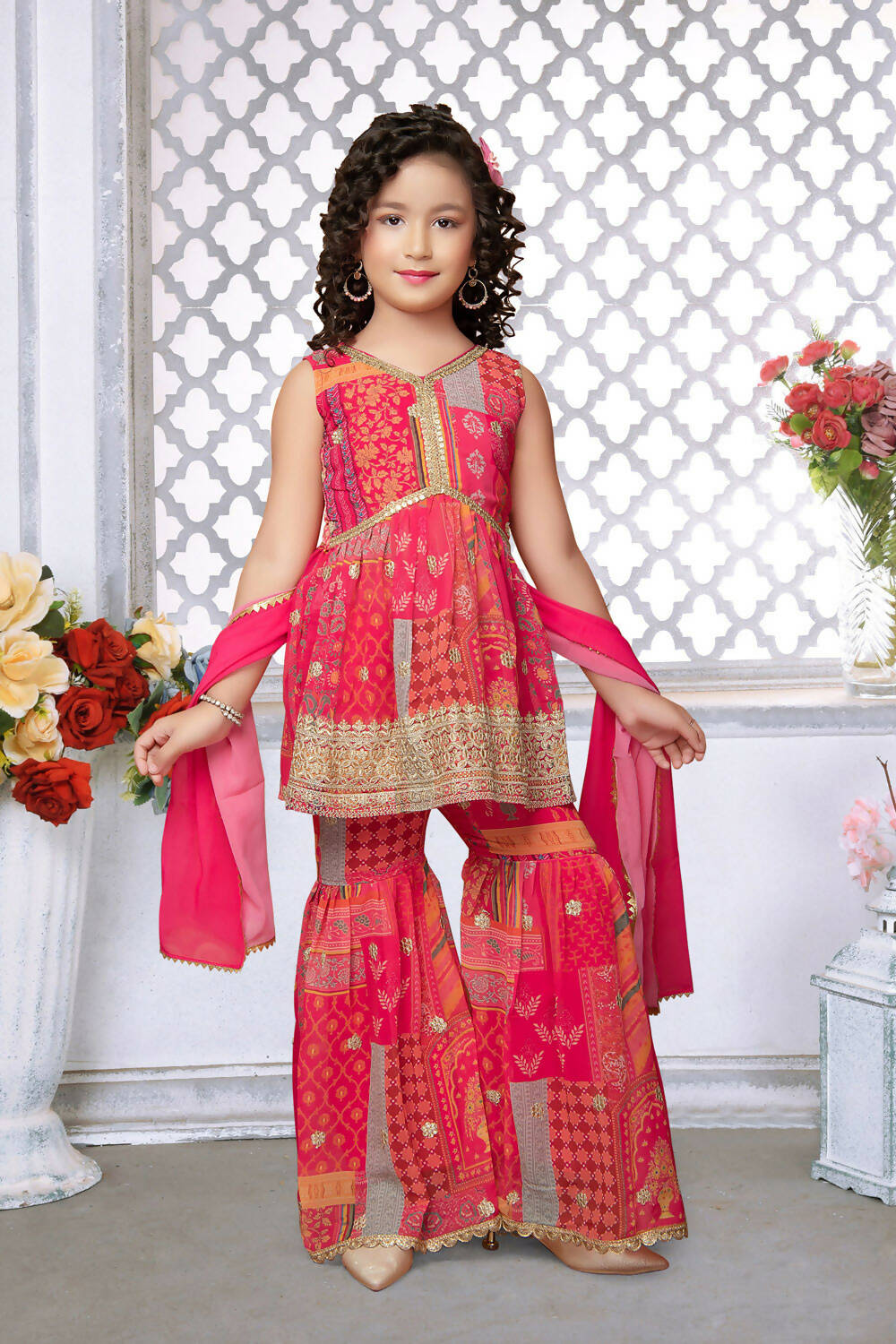 Kids Functional Designer Pink Faux Georgette Sharara Suit- Aaradhna | Grocsy