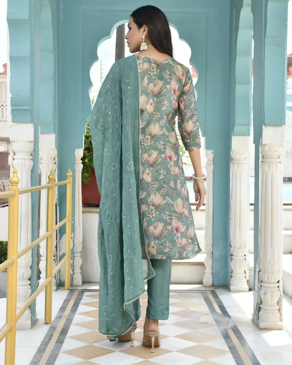 Vaasva Women's Teal Tissue Embroidered Suit Set With Solid Pant And Embroidered Dupatta | Grocsy