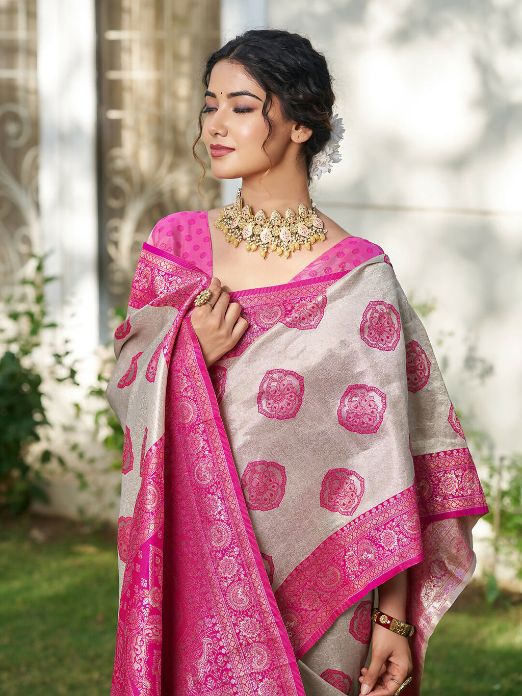 Shree Shyam Fashion Cream With Pink Silk Blend Saree | Grocsy