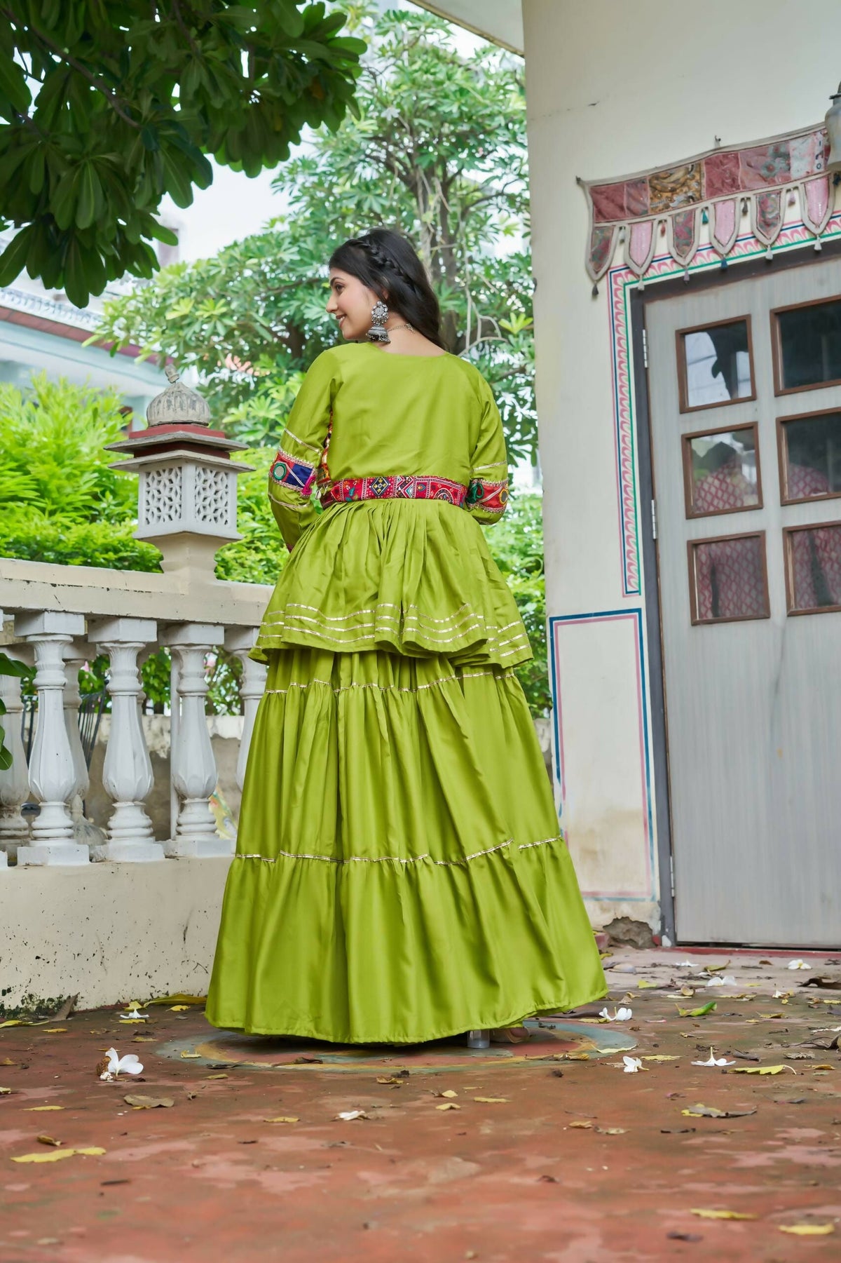 Teeya Creation Womens New Stylish Heavy Gamthi Work With Mirror Lace Work Green Gown Set | Grocsy