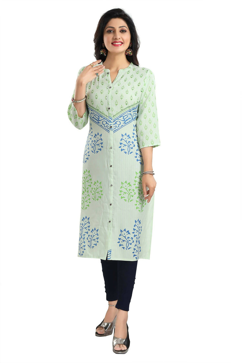 Snehal Creations Green Rayon Textured Print Long Kurta For Women | Grocsy