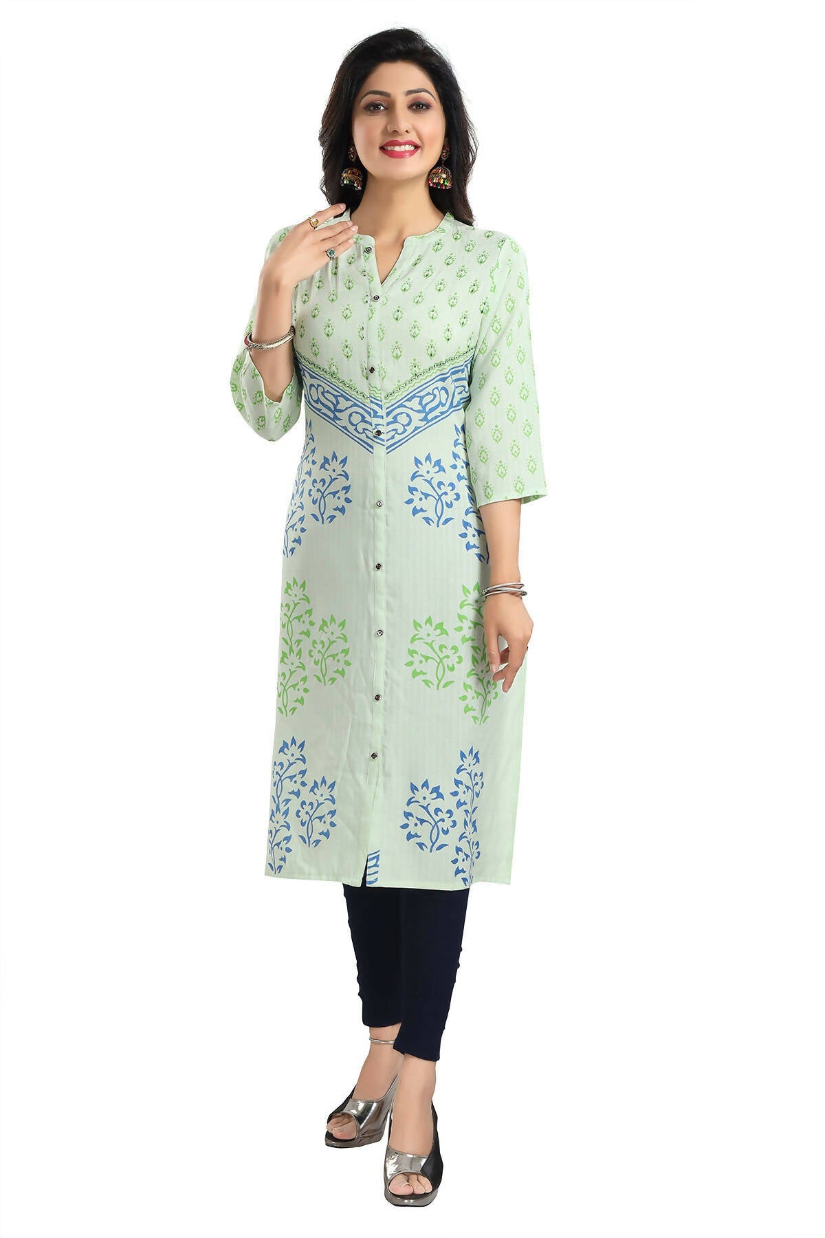 Snehal Creations Green Rayon Textured Print Long Kurta For Women | Grocsy