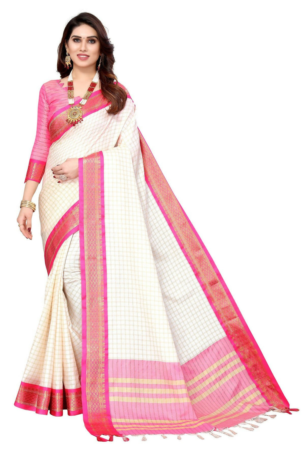 Vamika Weaving White Cotton Silk Saree (DEVAL PINK) | Grocsy