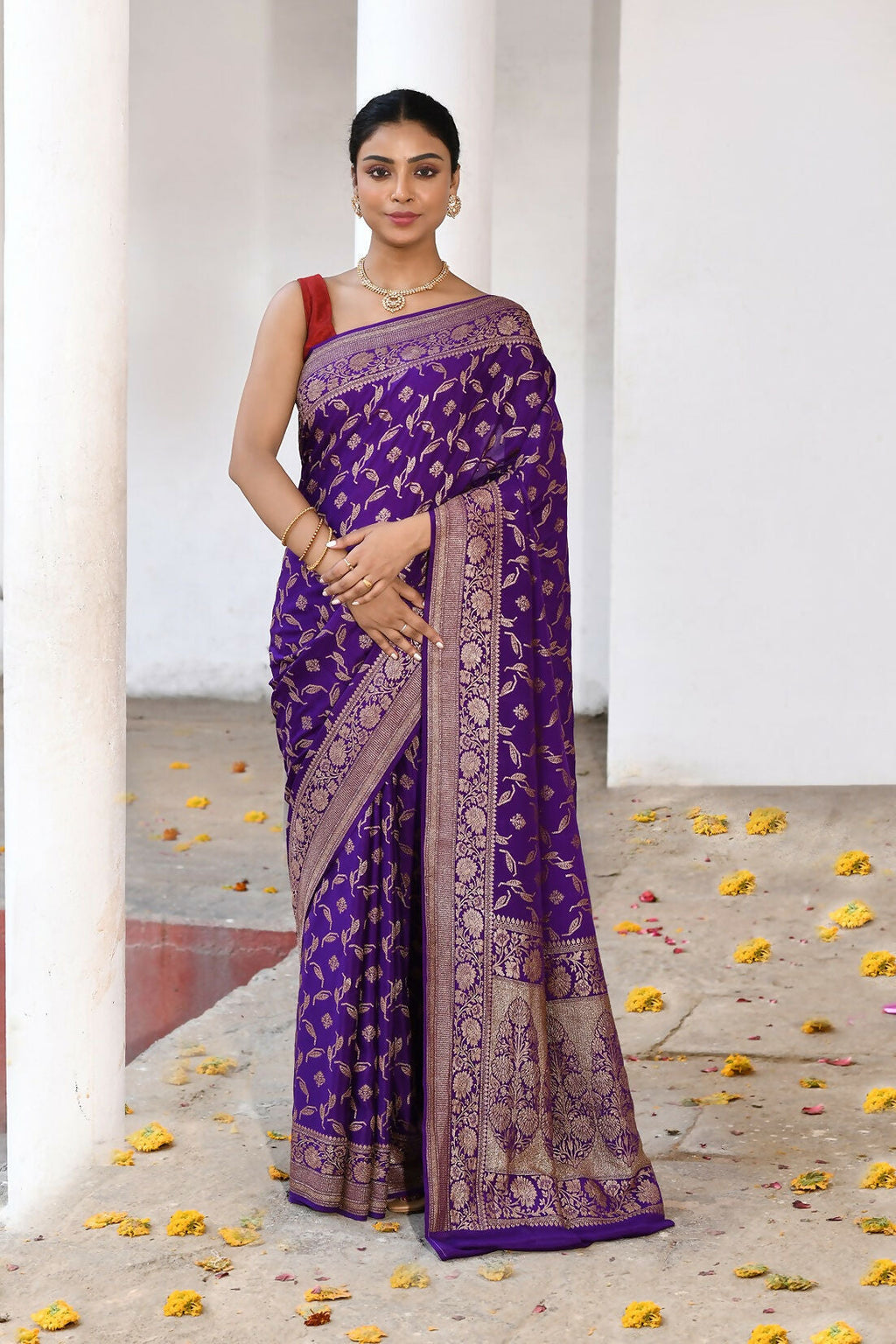 Joban Fashion Purple Crepe Chiffon Pure Handloom Banarasi Silk Saree | Grocsy
