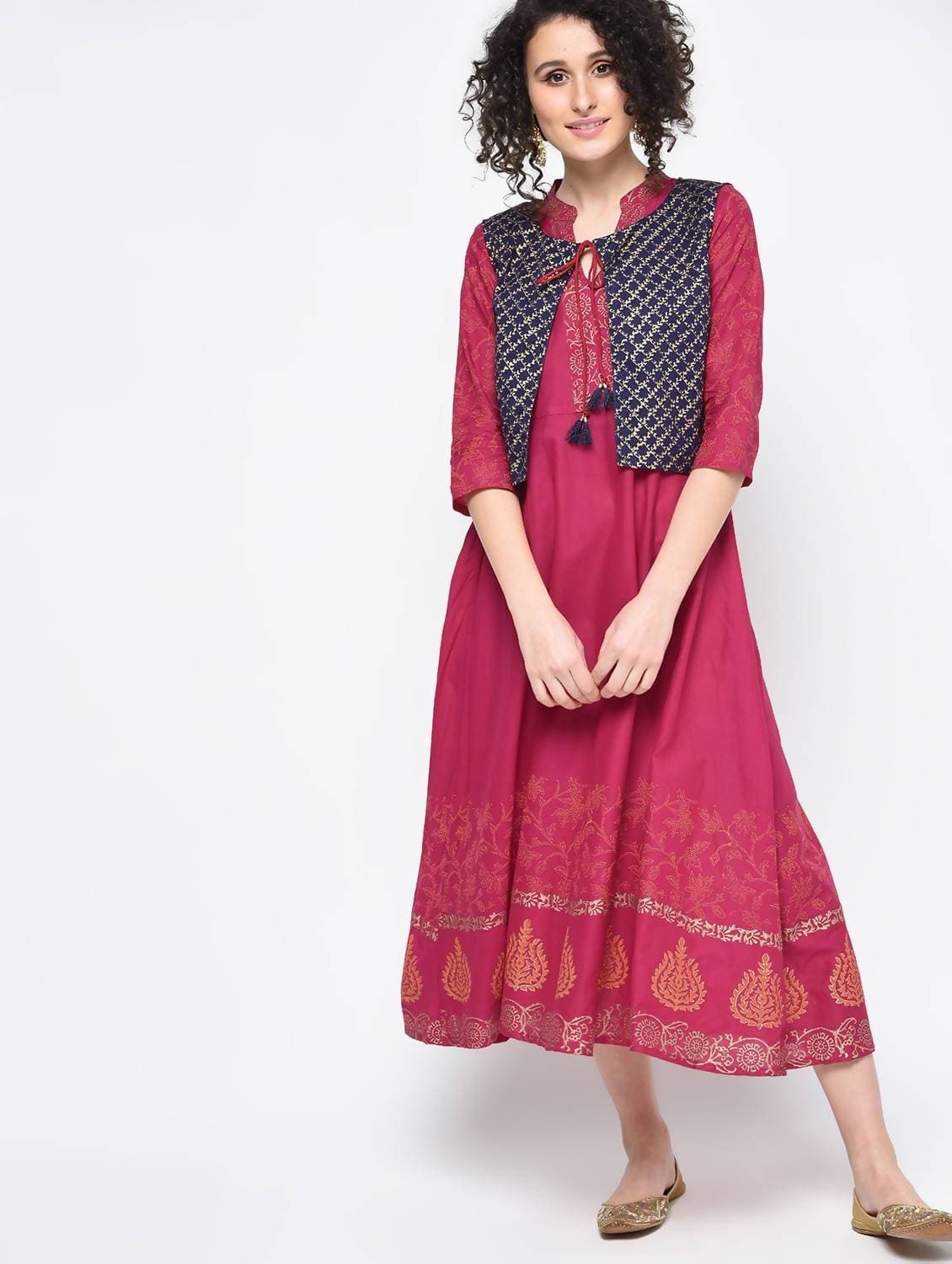 Cheera Hand Block Print Maroon Trendy Anarkali Kurta | Grocsy