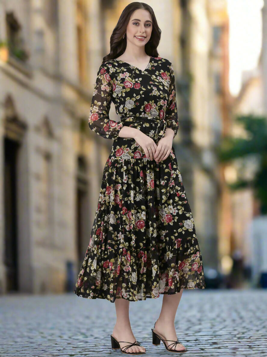 Souchii Black Floral Chiffon Dress | Grocsy