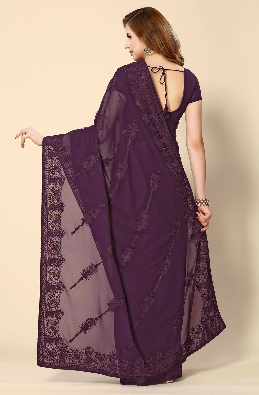 Purple Georgette Embroidered and Stone Work Saree with Unstitched Blouse Piece - Roozal | Grocsy