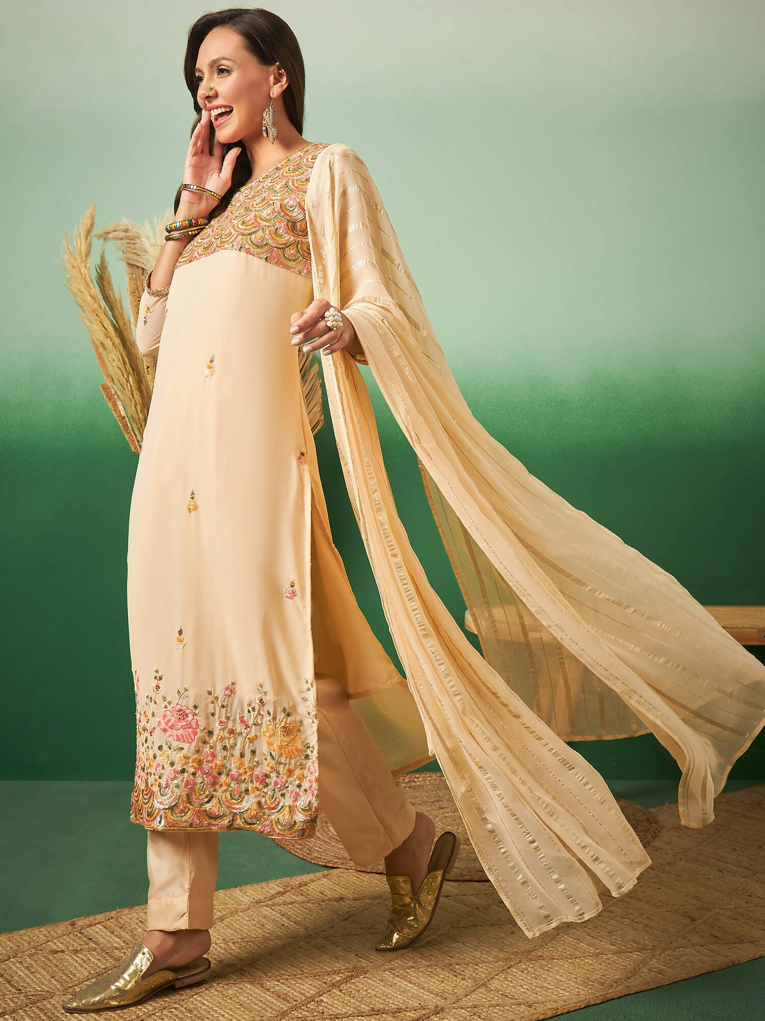 Light Orange Georgette Handwork Unstitched Dress Material - Hanika | Grocsy
