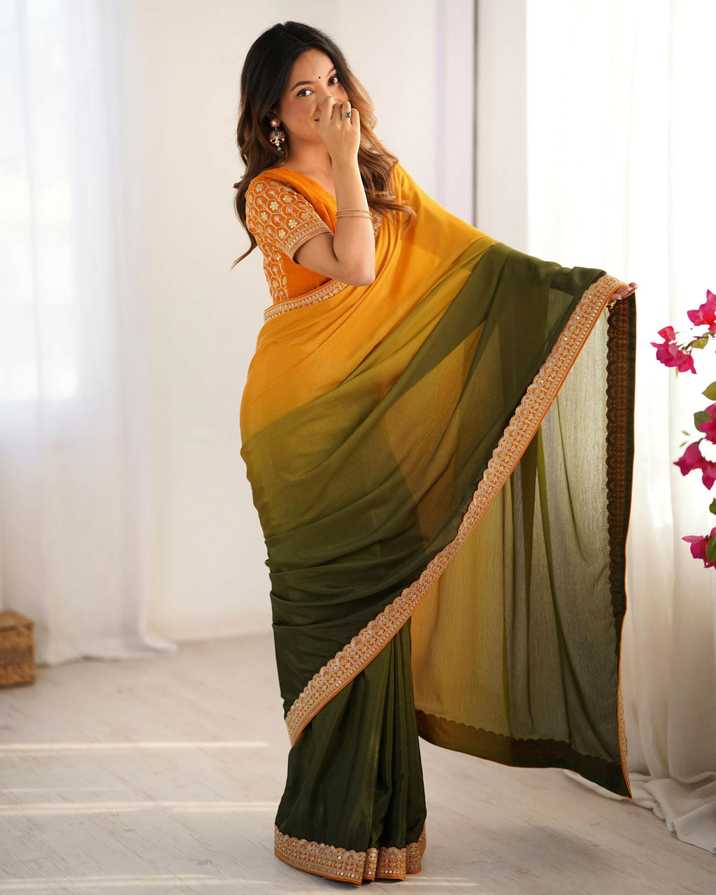 Exclusive Collection Yellow Green Party Wear Chinon Salk Saree | Grocsy