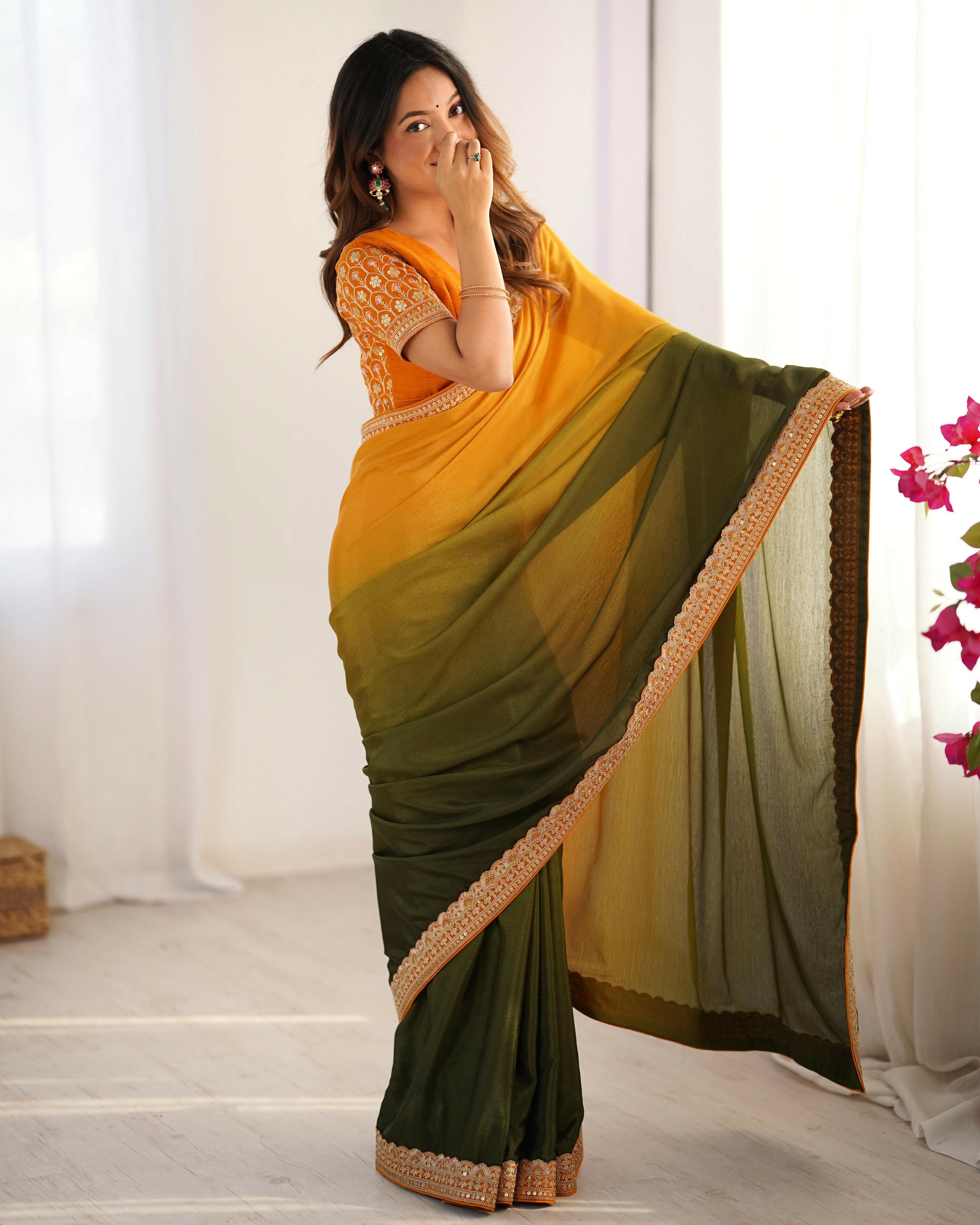 Exclusive Collection Yellow Green Party Wear Chinon Salk Saree | Grocsy