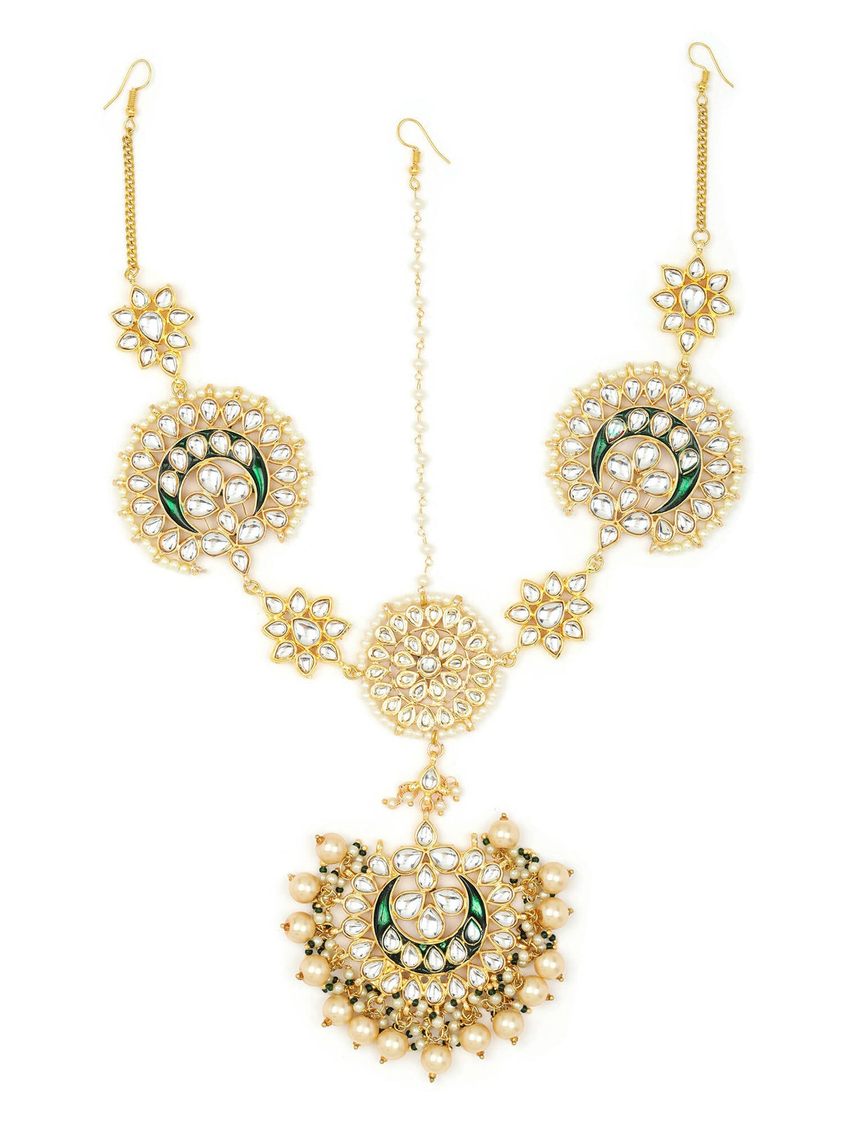 Gold-Polished White Kundan-Studded Pearl Beaded Matha Patti - Ruby Raang | Grocsy