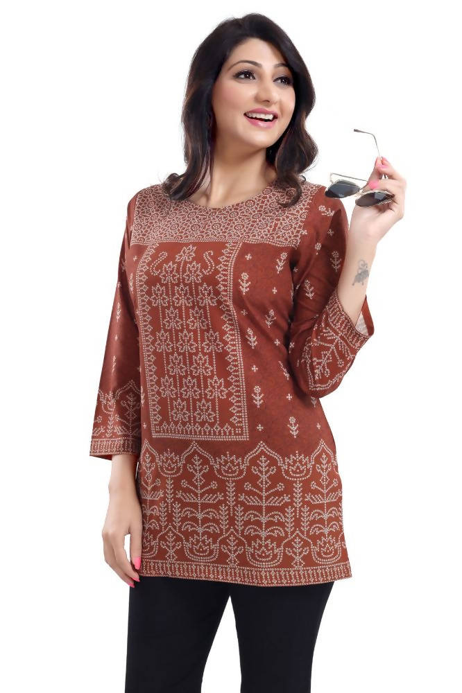 Snehal Creations Rust Faux Crepe Short Kurti Tunic Top | Grocsy