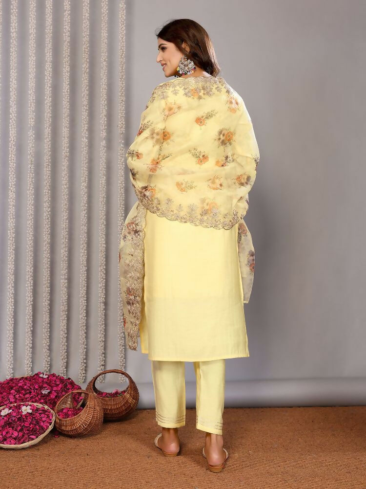 Joban Fashion Women Pale Yellow Roman Embroidery Stitched Kurta Set | Grocsy