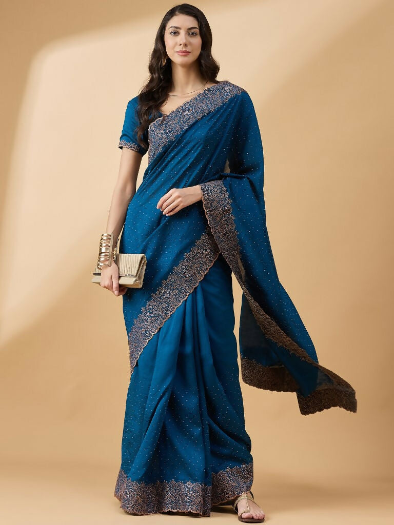 Blue Silk Blend Embroidered Saree with Unstitched Blouse - Vairagi | Grocsy
