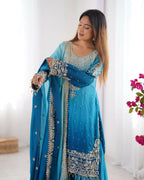 The52 Women's Beautiful Chinon silk Fabric Embroidery Work Straight Kurta Palazzo and Dupatta Set | Grocsy