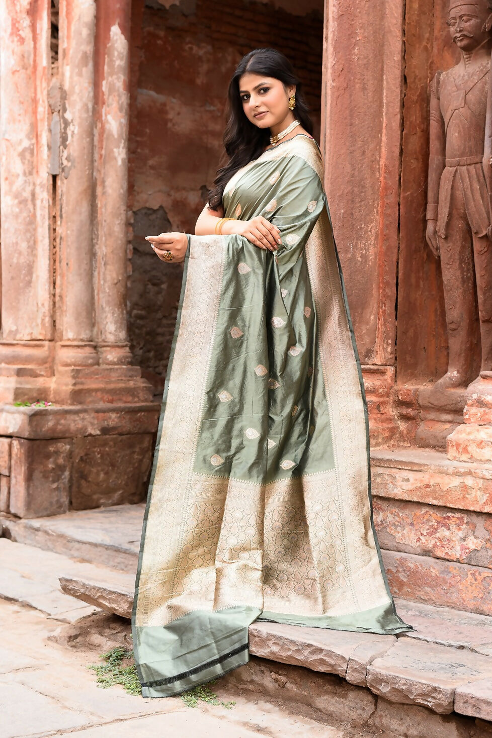 Joban Fashion Dusty Olive Banarasi Katan Pure Handloom Silk Saree | Grocsy