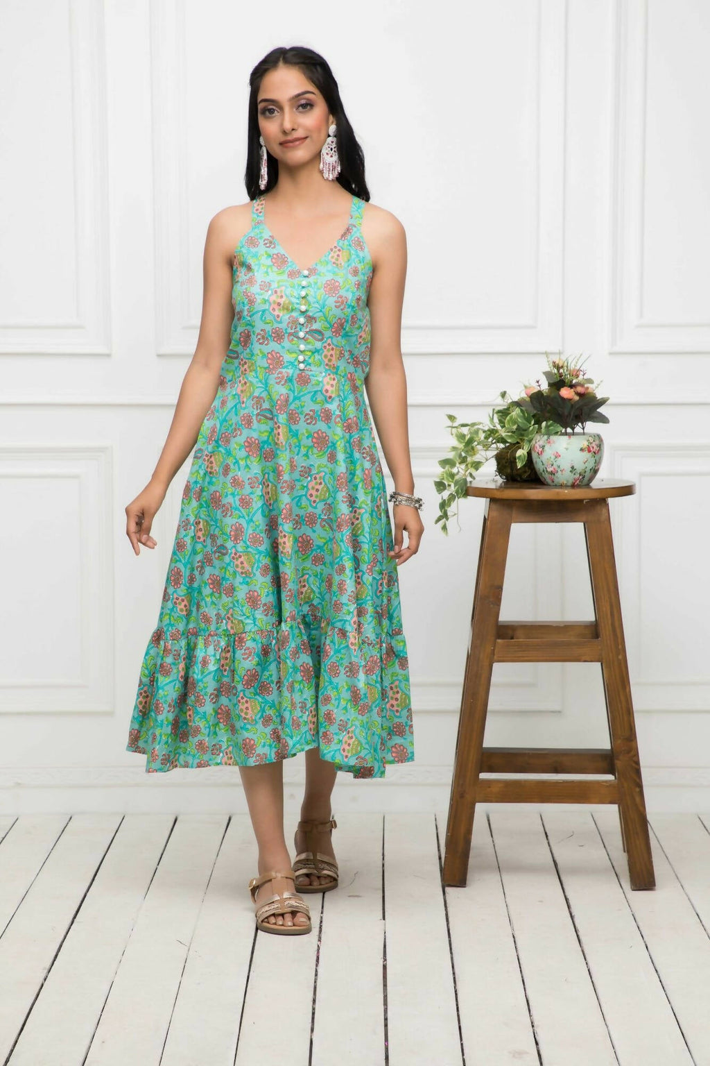 Myshka Women Green Floral Cotton A-Line Round Neck Long Dress | Grocsy